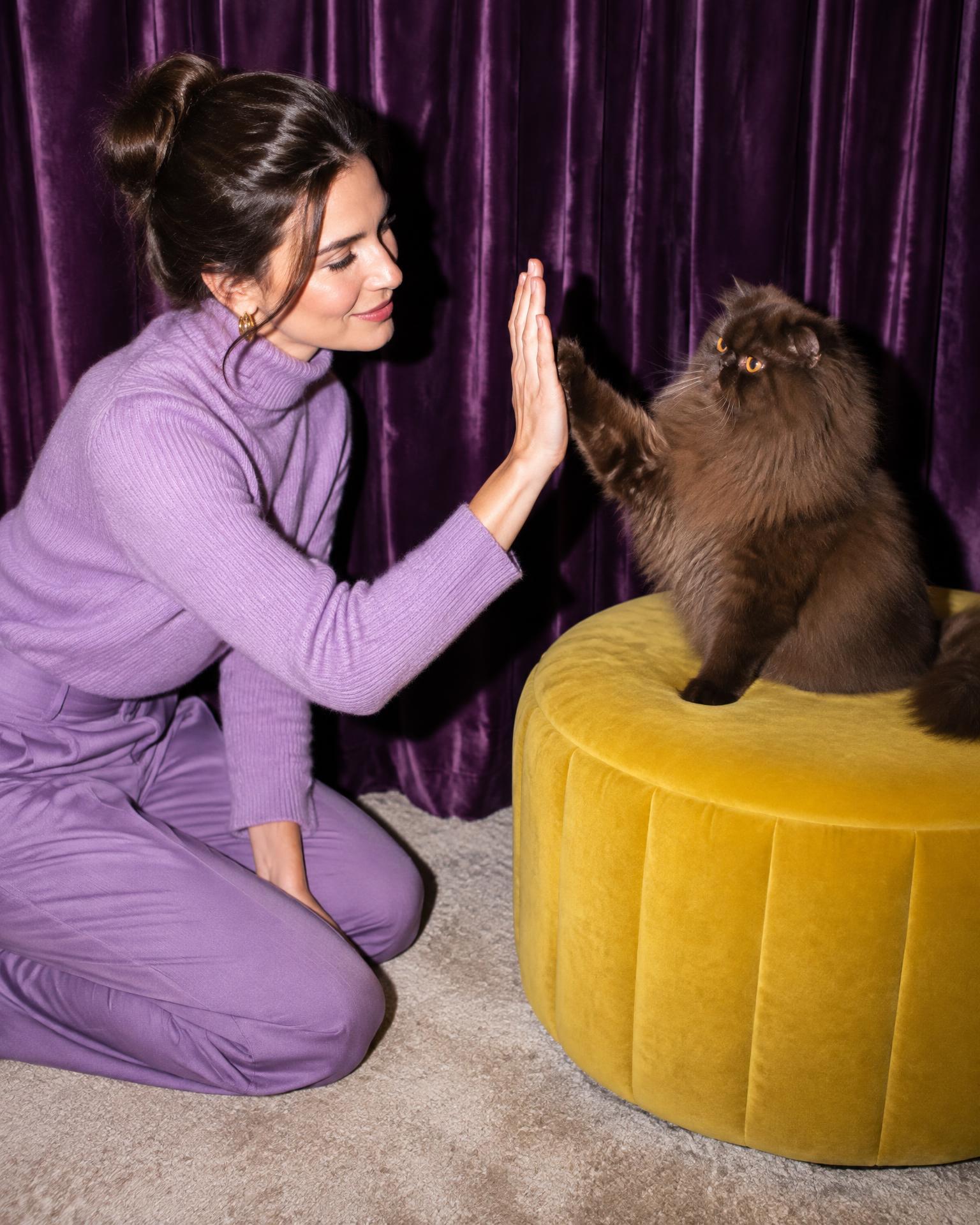 A woman and her cat practicing a high five together