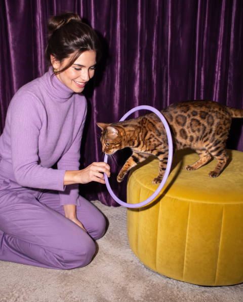 A woman guiding a Bengal cat through a training hoop