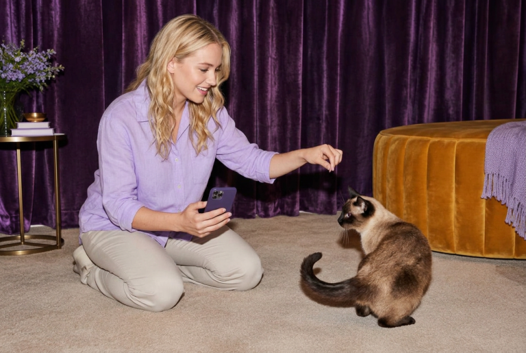 A woman offering a treat to a Siamese cat during a quiet training interaction