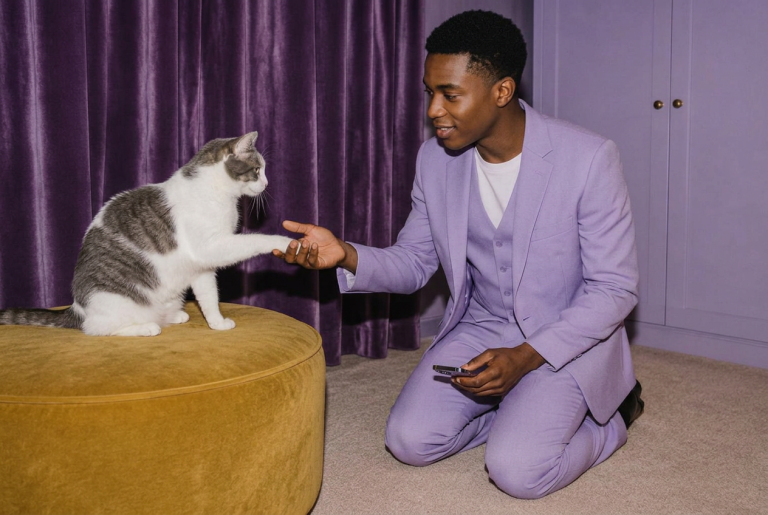 A person offering an open hand as a cat reaches out with its paw