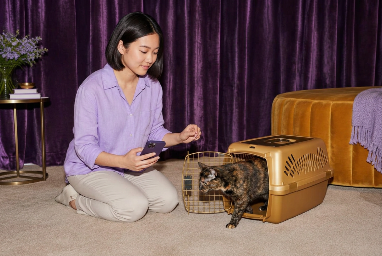 A woman beside an open pet carrier as a cat steps out