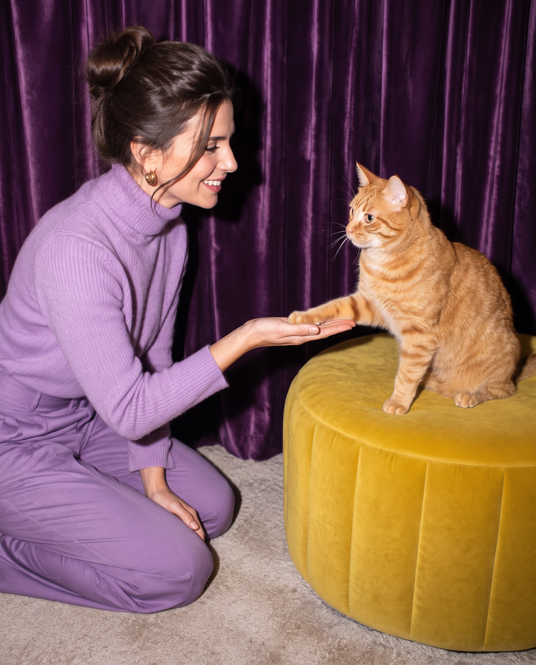 An orange cat interacting with a trainer