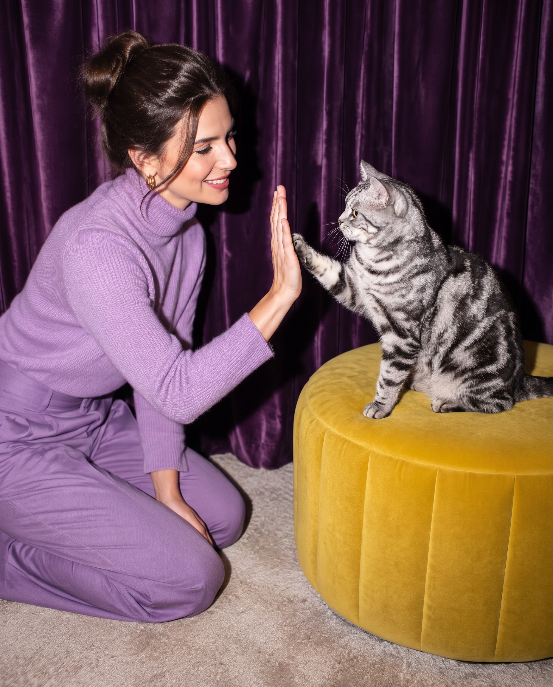 A tabby cat practicing a high five with a woman