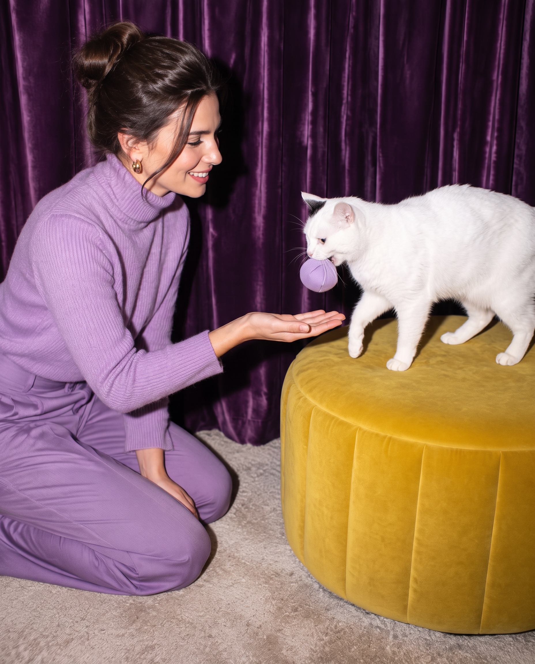 A white cat spending time with a woman
