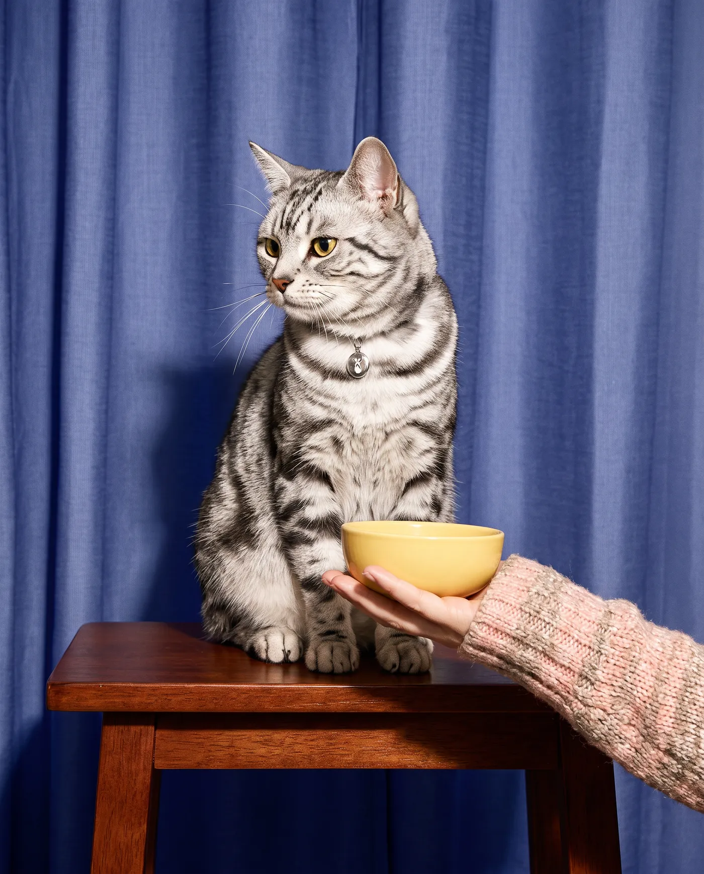 A tabby cat sitting on a stool next to a food bowl