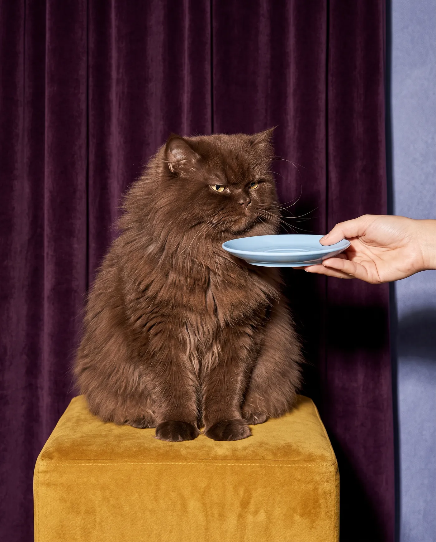 A fluffy brown cat being offered a plate