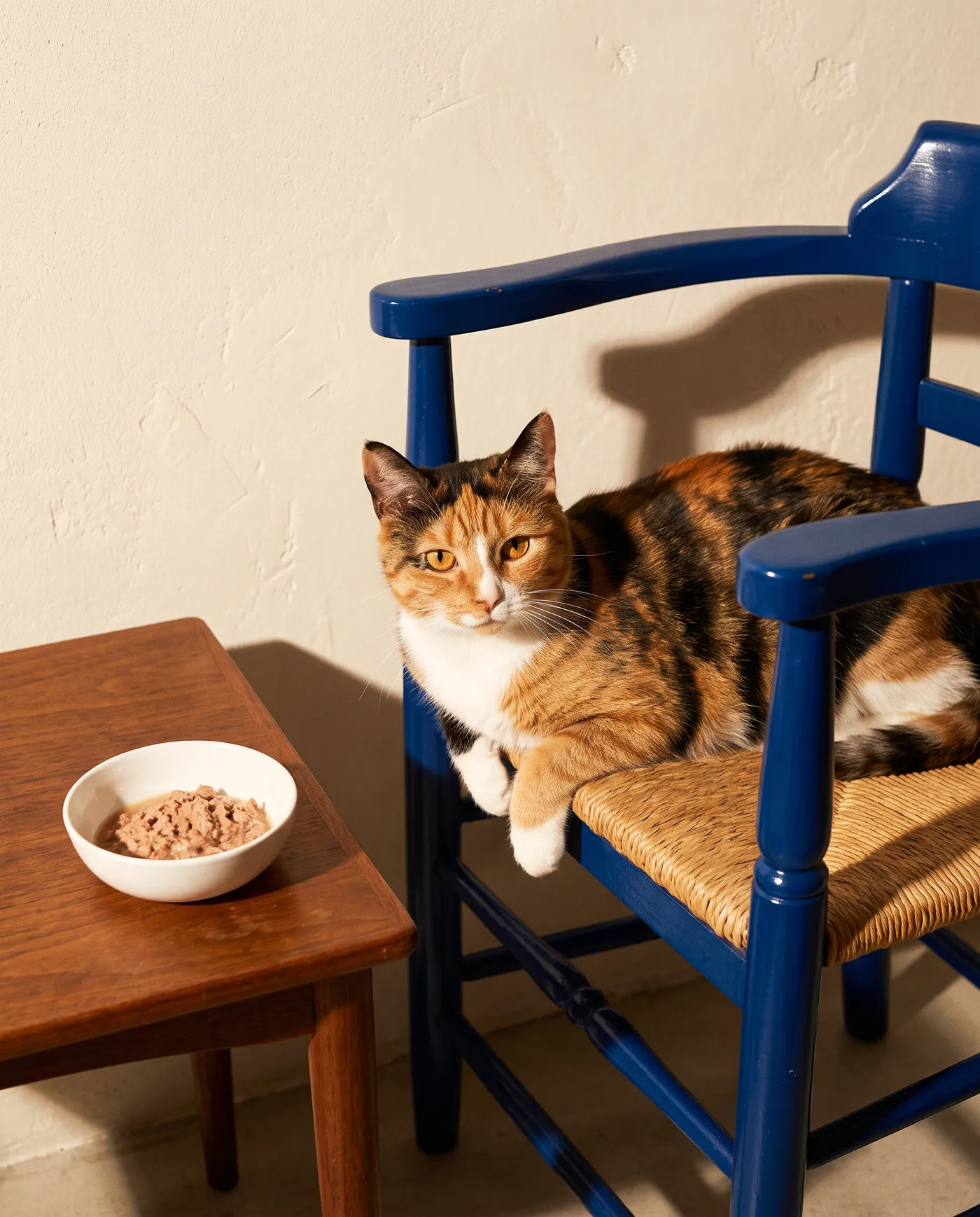 A calico cat resting on a blue chair beside a food bowl